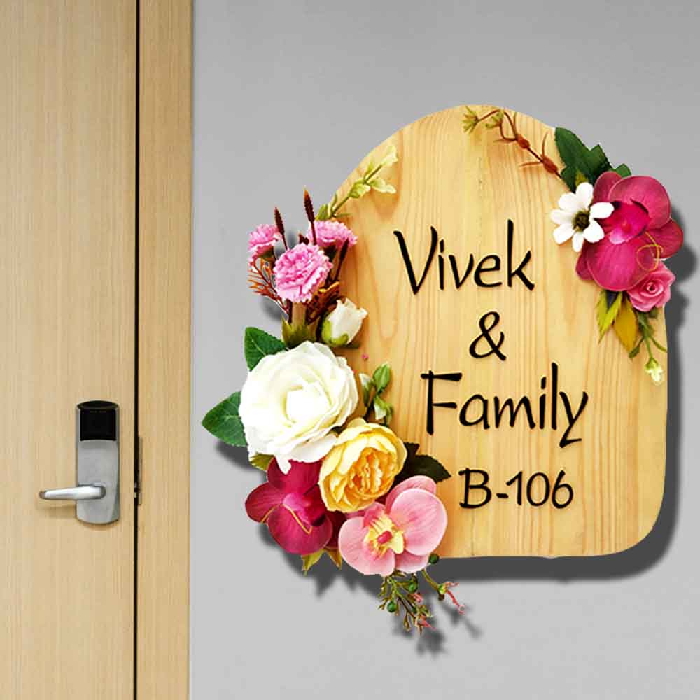 Personalized Handmade Elegant Flowers Wooden Name Plate With 3D Letters 1 - Mounted on Door with Floral Decor
