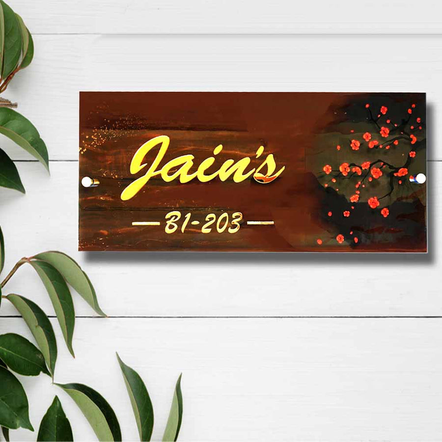 Personalized Handmade Elegant Flowers Wooden Name Plate With 3D Letters 2 - Front View Mounted on Wall