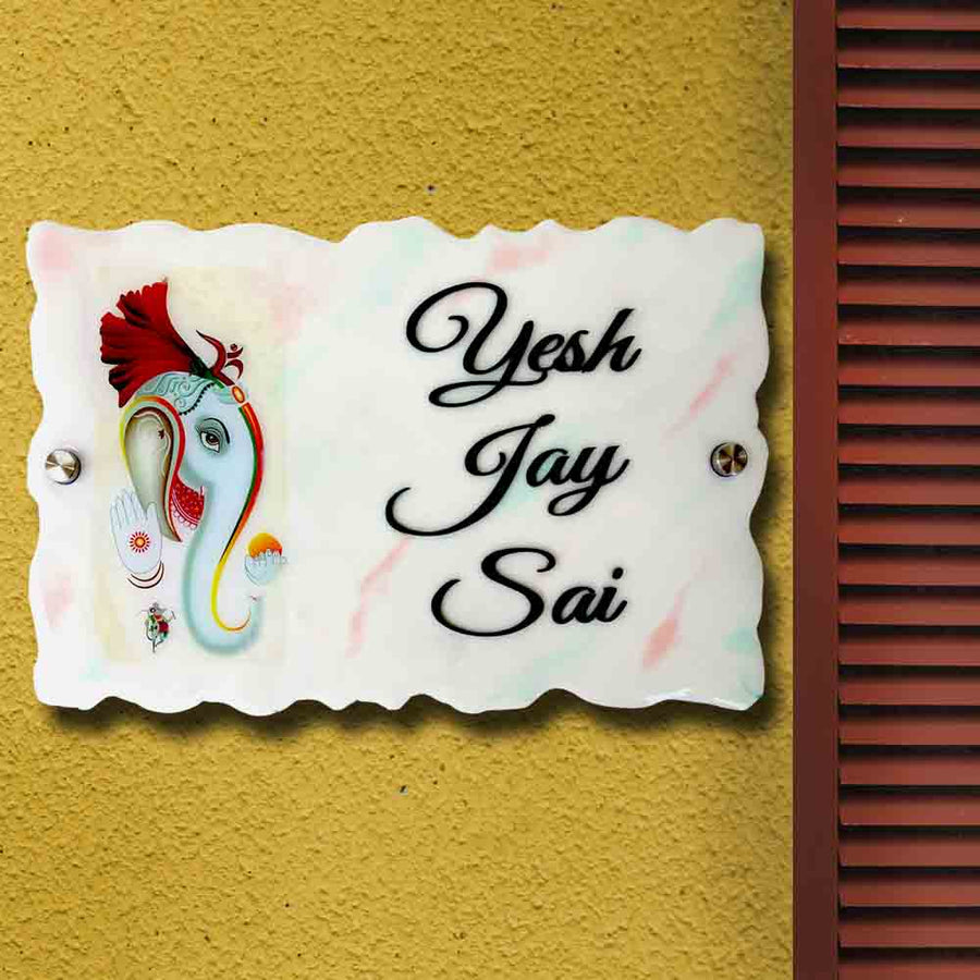 Personalized Handmade Ganesha Art Resin Name Plate - Mounted on Wall with Screws