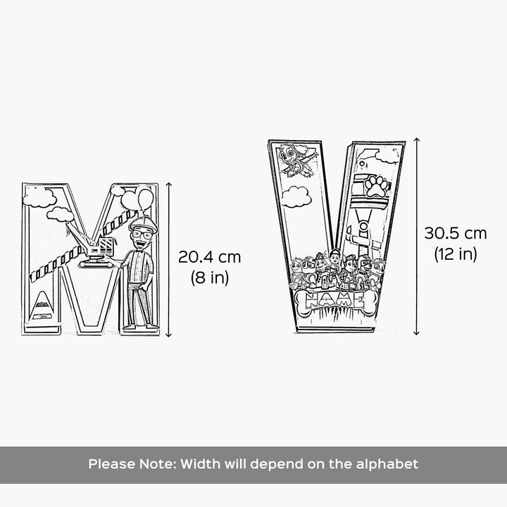 Personalized Printed Paw Patrol 3D Cardstock Monogram For Kids - Dimension Chart with Height Measurements