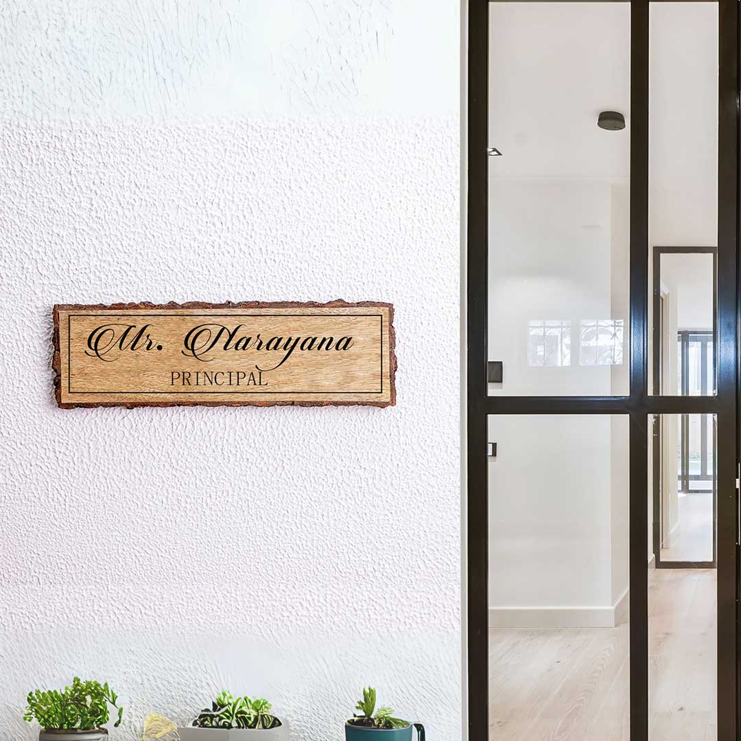 Handcrafted Mango Wood Personalized Name Plate For Principal - Mounted on Wall Near Doorway