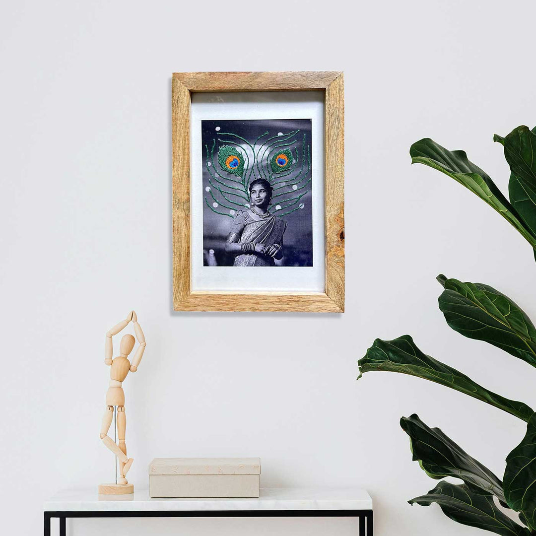 Peacock Feather Design Hand Embroidered Photo With Wooden Frame