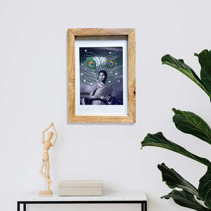Peacock Feather Design Hand Embroidered Photo With Wooden Frame