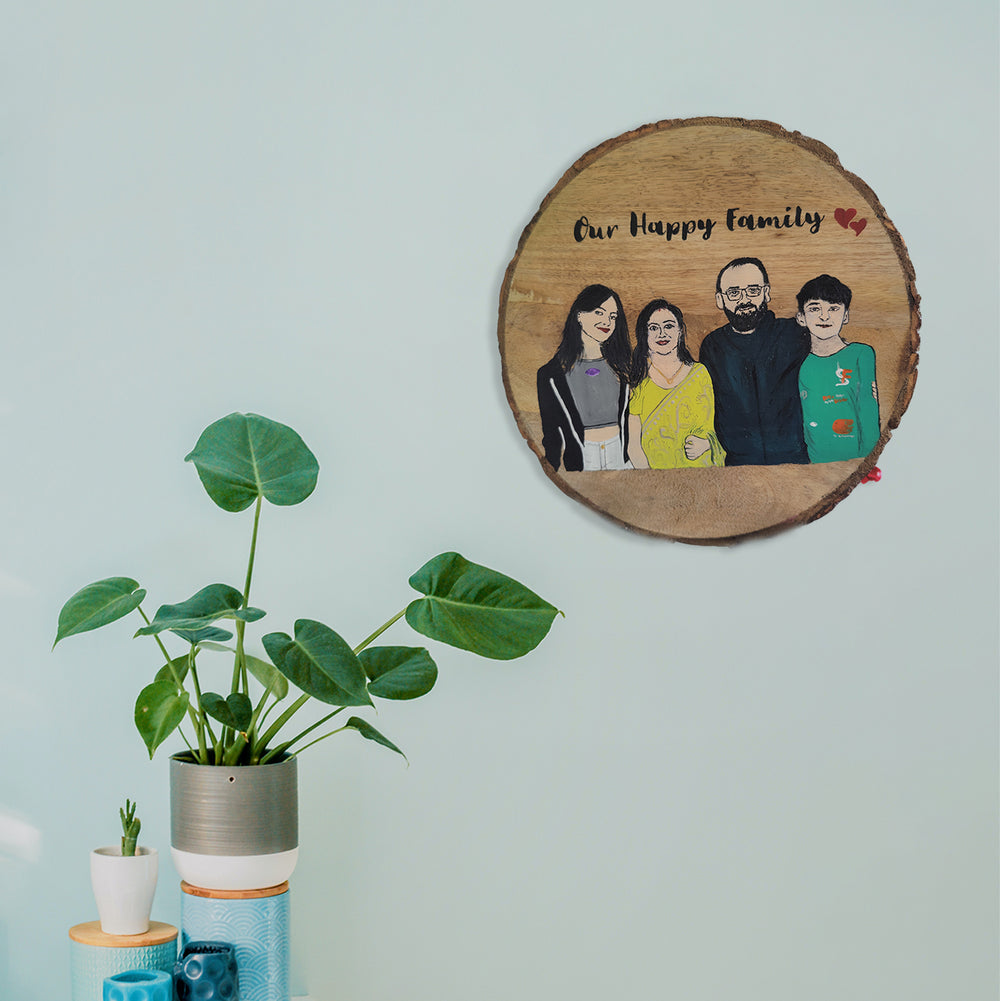 Hand Painted Personalized Family Caricature Plaque On Bark Base - Wall-Mounted Personalized Wood Art