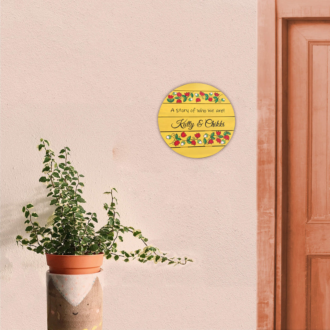 Round Hand Painted Madhubani Art Name Plate 2 - Mounted on Outdoor Wall near Door