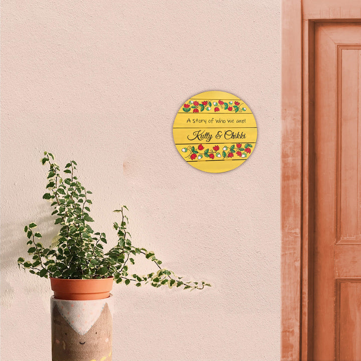 Round Hand Painted Madhubani Art Name Plate 2 - Mounted on Outdoor Wall near Door