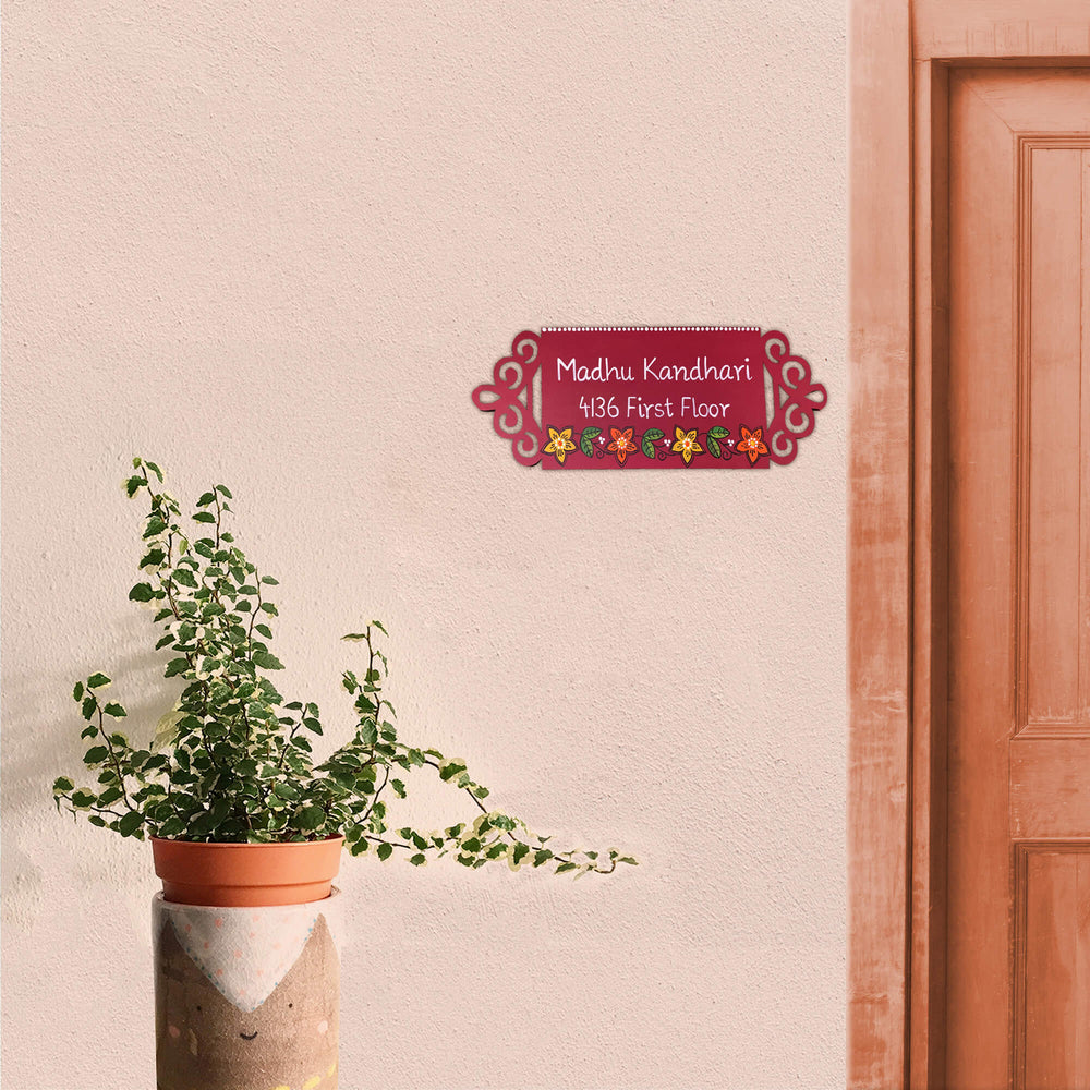 Small Rectangle Hand Painted Madhubani Art Name Plate 2 - Mounted on Exterior Wall Near Door