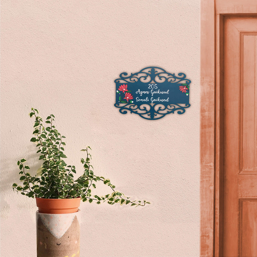 Rectangle Hand Painted Madhubani Art Name Plate 2 - Mounted on Entryway Wall