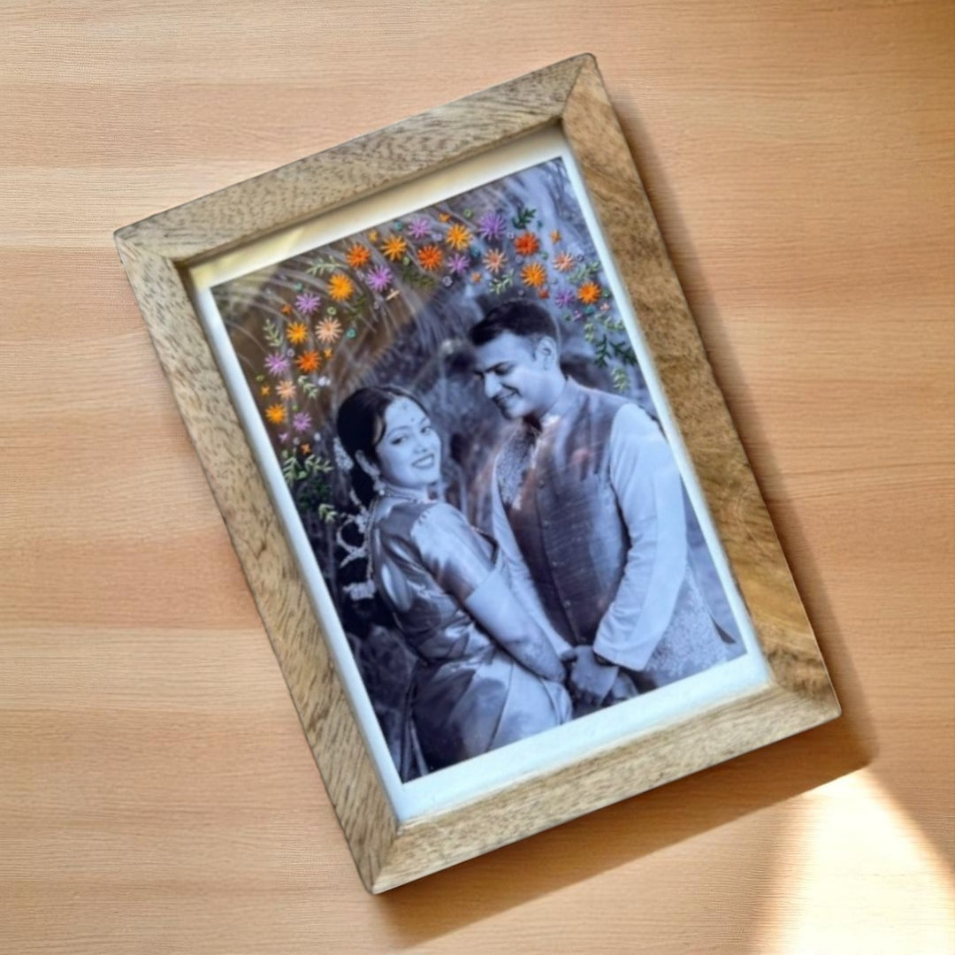 Floral Design Hand Embroidered Photo With Wooden Frame