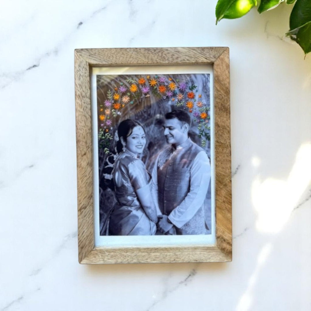 Floral Design Hand Embroidered Photo With Wooden Frame