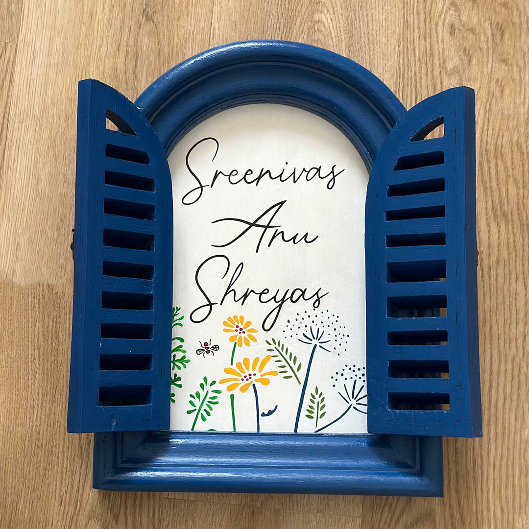 Arched Vintage Window Name Plate With Wild Flowers - Open Shutter Front View with Text