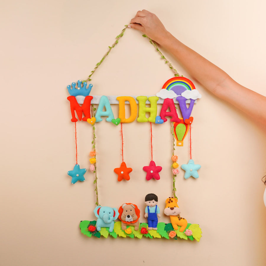Personalized Jungle Theme Felt Kids Name Plate For Boys - Hand Holding Name Personalization Example