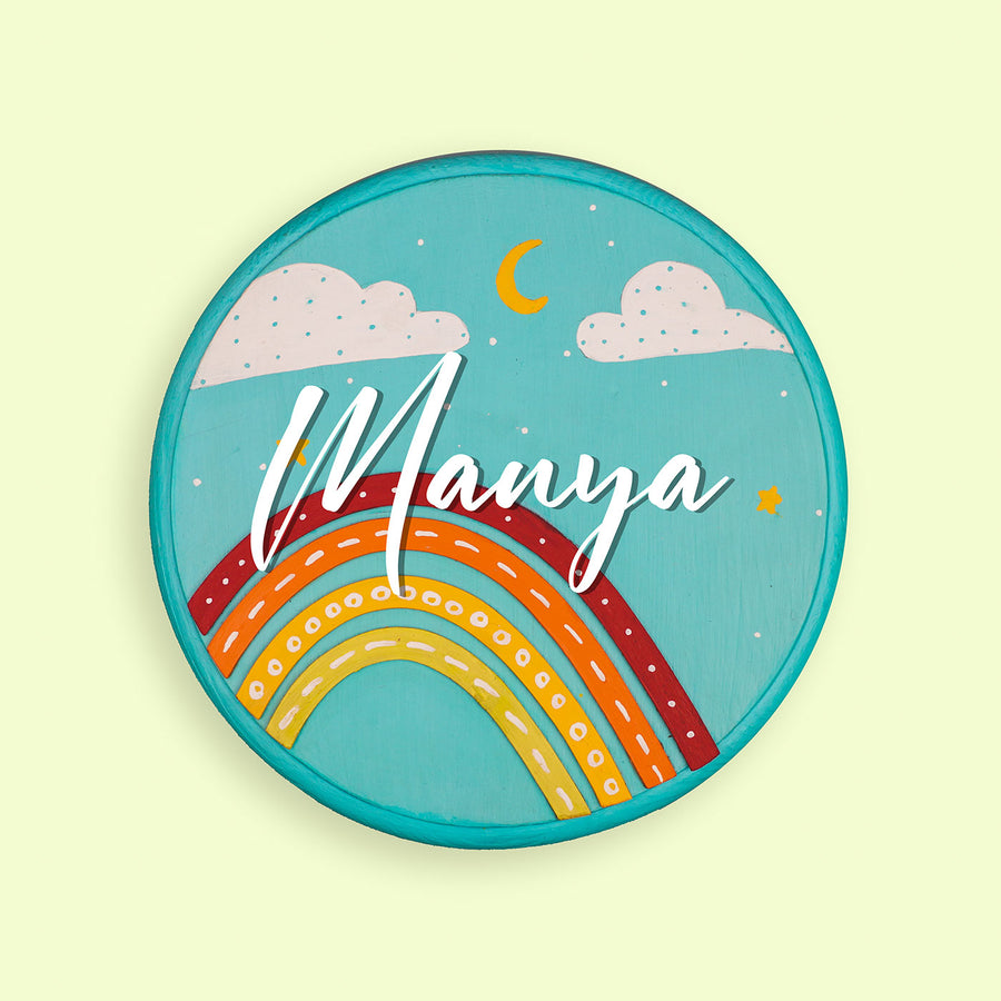 Handpainted Rainbow Wooden Kids Name Plate 1 - Front View with Name Personalization