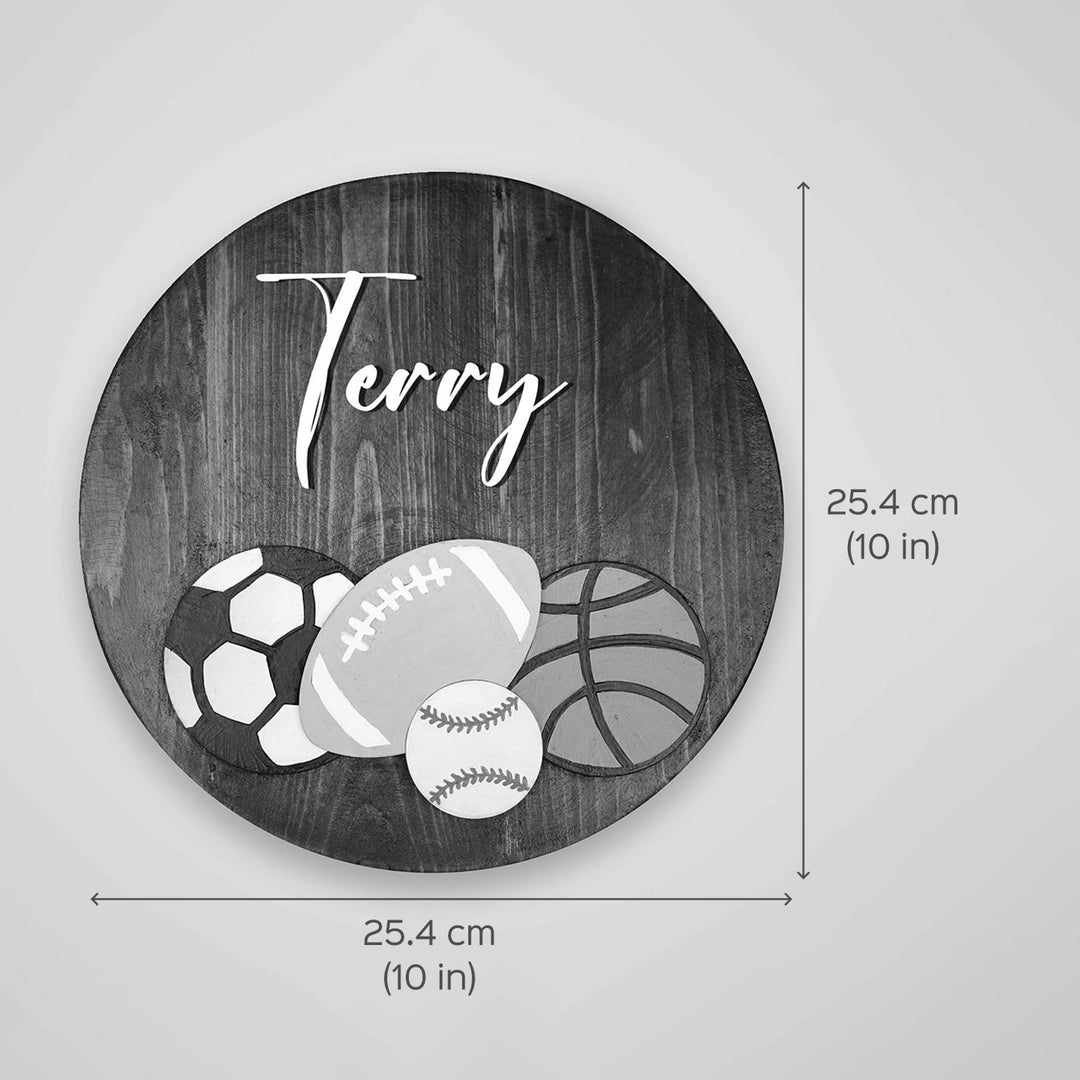 Handpainted Sports Themed Wooden Kids Name Plate - Front View with Dimensions
