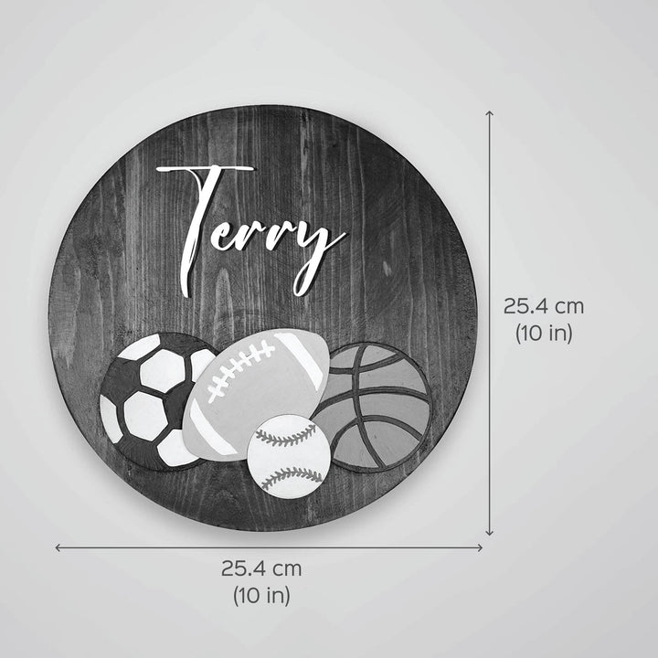 Handpainted Sports Themed Wooden Kids Name Plate - Front View with Dimensions
