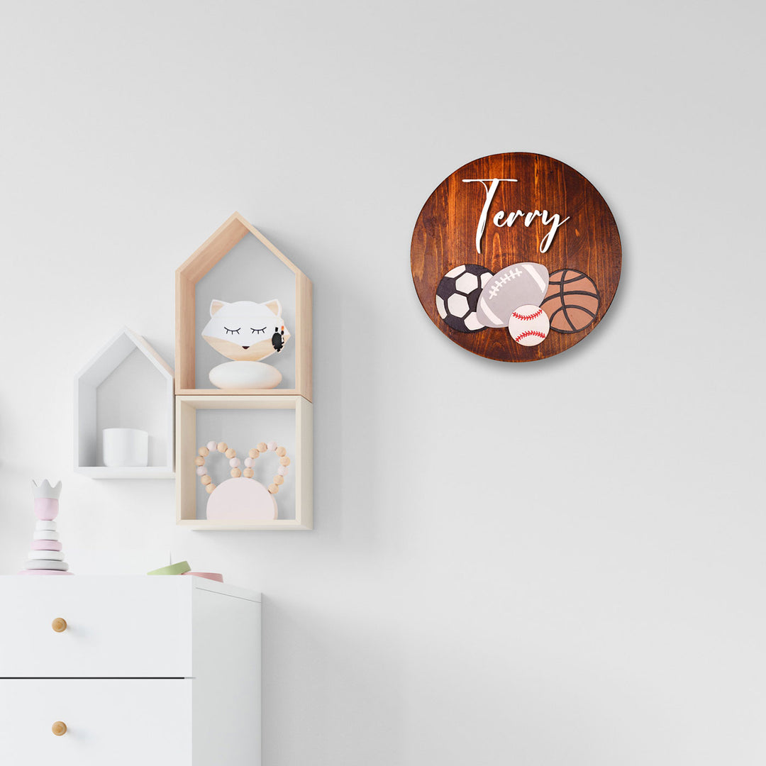 Handpainted Sports Themed Wooden Kids Name Plate - Mounted on Wall with Personalization
