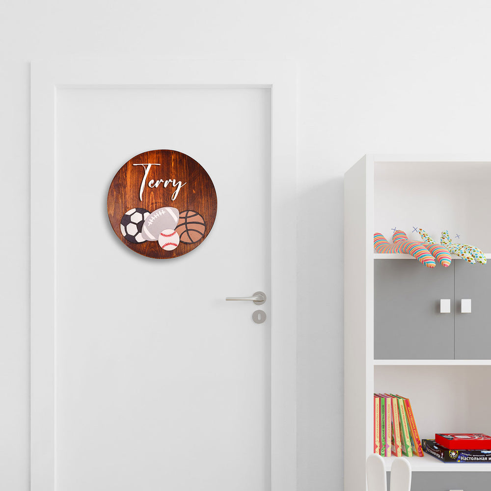 Handpainted Sports Themed Wooden Kids Name Plate - Mounted on Door Front
