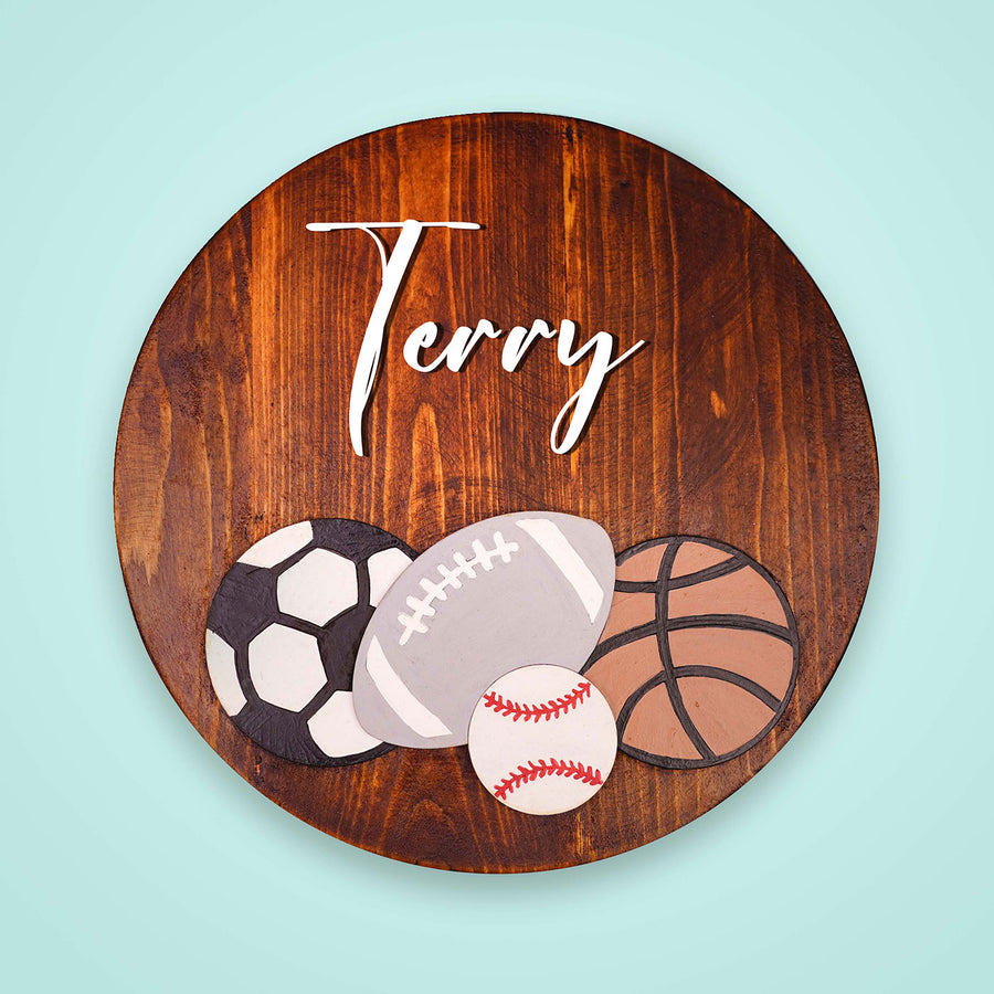 Handpainted Sports Themed Wooden Kids Name Plate - Front View with Name Personalization