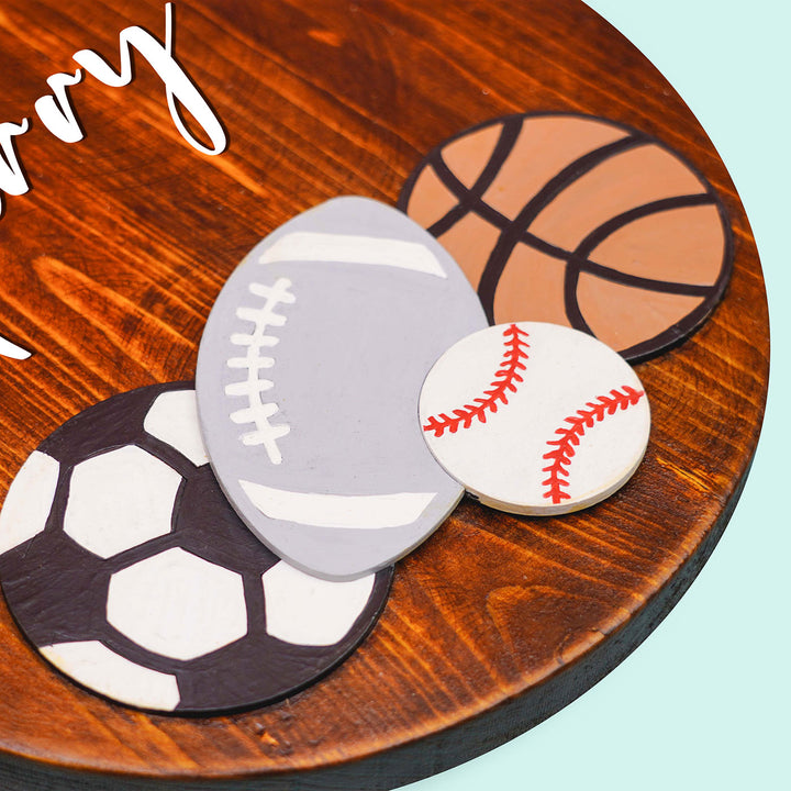Handpainted Sports Themed Wooden Kids Name Plate - Close-up of Sports Balls Detail