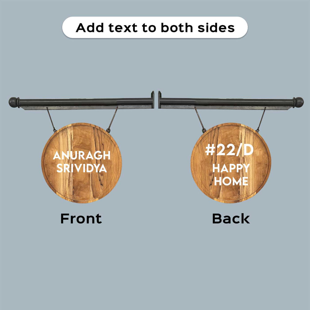 Premium Double Sided Teak Wood Hanging Name Plate With Iron Bracket - Front and Back View Showing Text