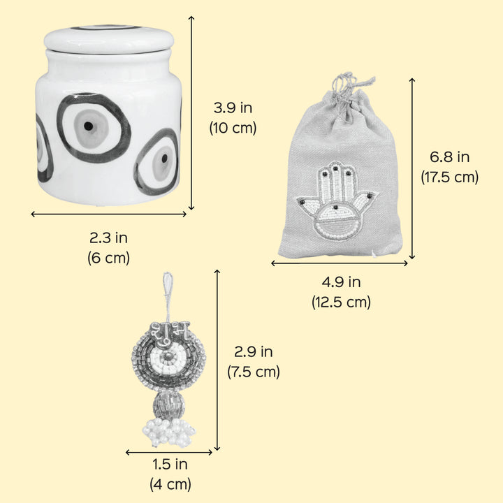Shubh Nazar Diwali Gift Hamper | Includes 1 Storage Container, 2 Hangings, 2 Dry Fruit Potlis, 1 Diwali Card, 1 Gift Box