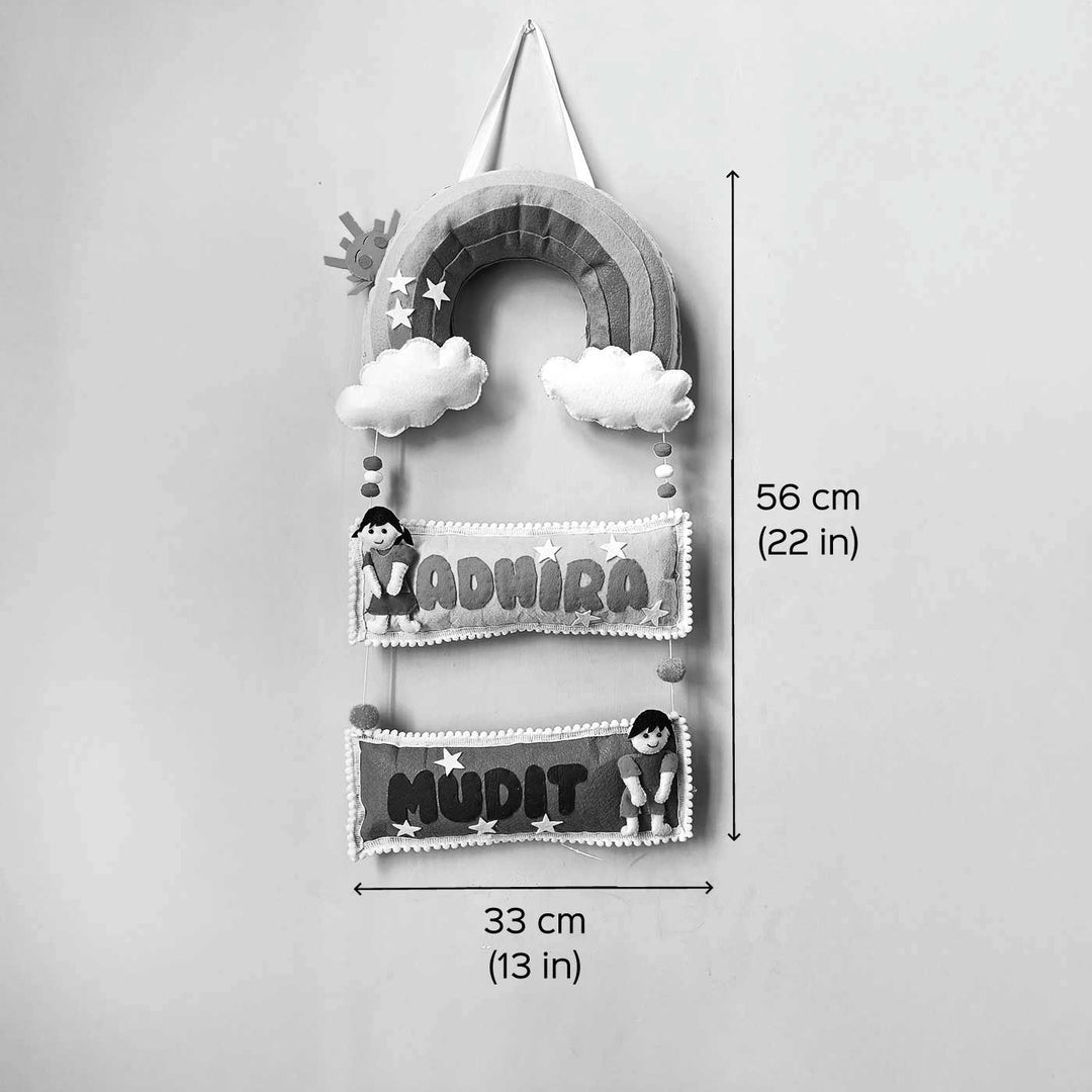 Personalized Rainbow Theme Felt Kids Name Plate For Siblings - Dimension Chart with Hanging Display