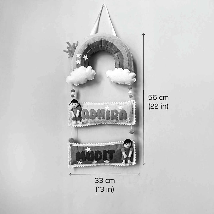 Personalized Rainbow Theme Felt Kids Name Plate For Siblings - Dimension Chart with Hanging Display