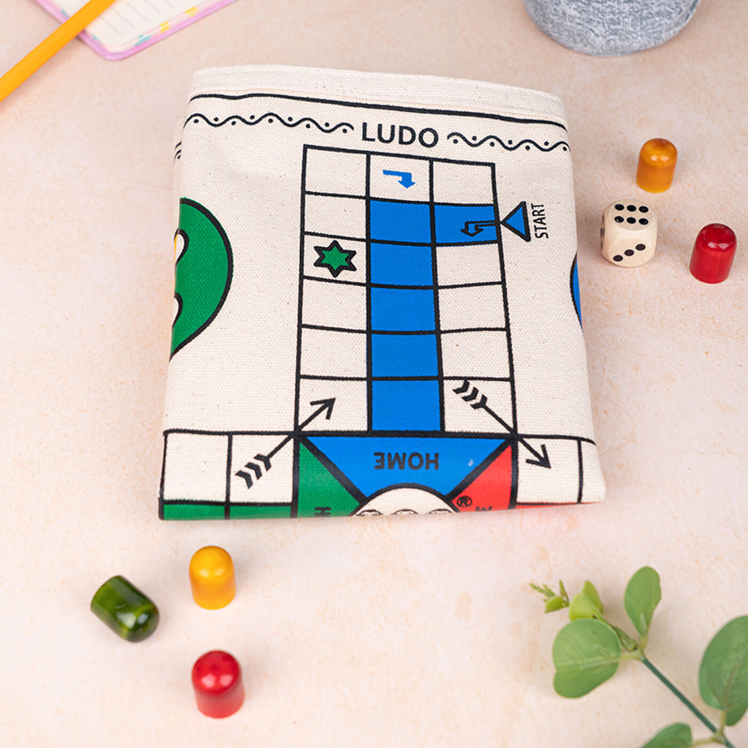 Ludo Hand Printed Canvas Cloth with Wooden Pawns