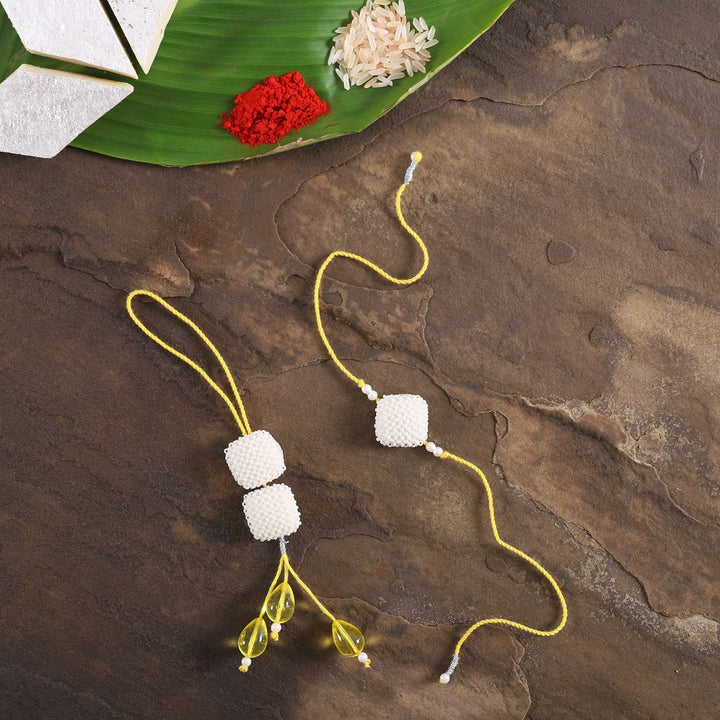 Handmade Square Pearls Bhaiya Bhabhi Rakhi With Roli Chawal Set Of 2 - Full Layout with Festival Elements