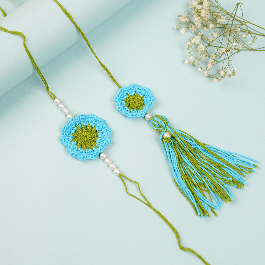 Handmade Crochet Blue Floral And Beads Rakhi With Roli Chawal For Bhaiya Bhabhi And Kids - Full Length View