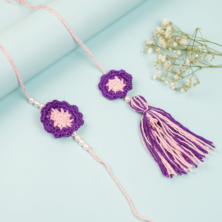 Handmade Crochet Purple Floral And Beads Rakhi With Roli Chawal For Bhaiya Bhabhi And Kids - Full Product Display