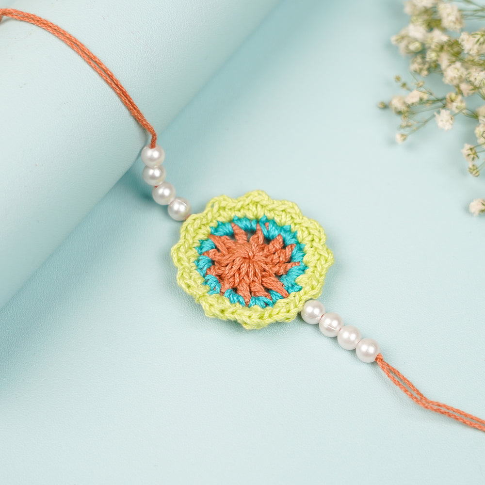 Handmade Crochet Multicolor Floral And Beads Rakhi With Roli Chawal For Bhaiya Bhabhi And Kids - Close-up on Crochet Detail