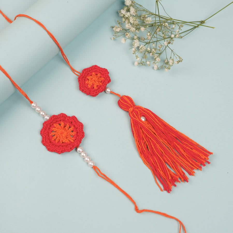Handmade Crochet Red Floral And Beads Rakhi With Roli Chawal For Bhaiya Bhabhi And Kids - Full Length View Showing Both Ends