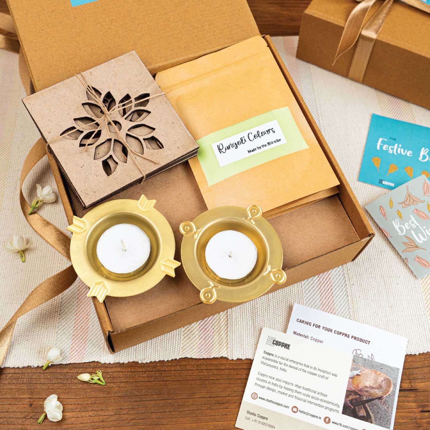 Buy Brass Diyas & MDF Tealight Festive Hamper with Rangoli colors