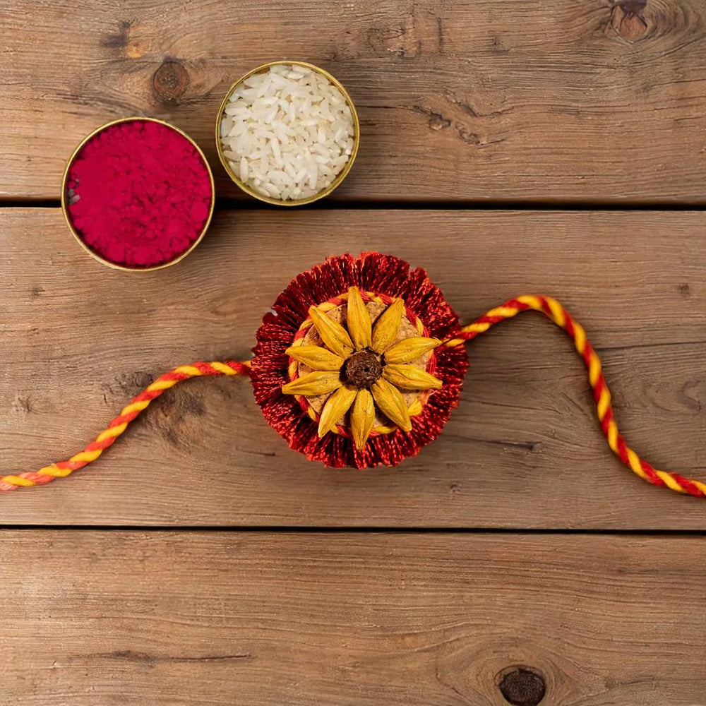 Surajmukhi Plantable Eco Friendly Handmade Cork Rakhi With Roli Chawal - Flat Lay with Accessories