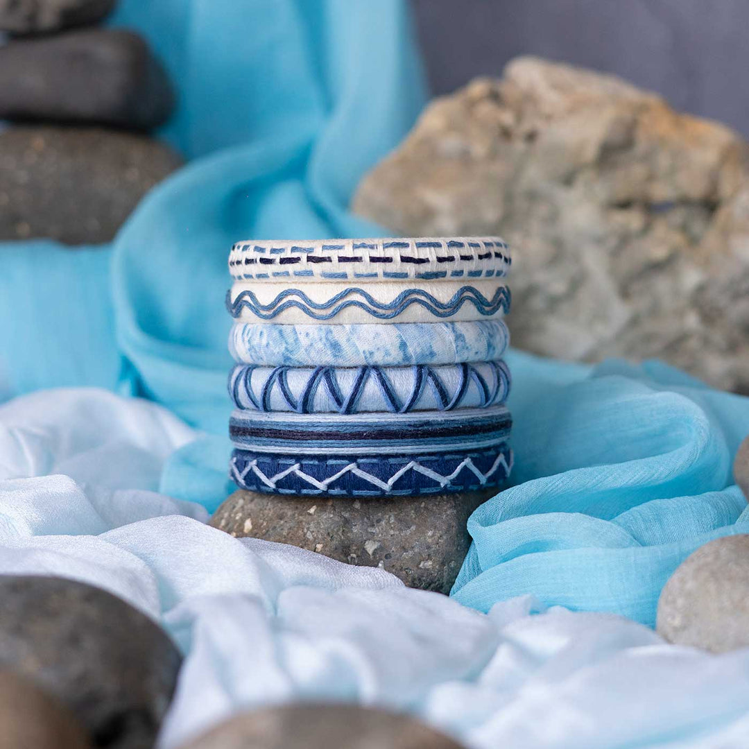 Blue And White Handcrafted Arvari Embroidered Bangles | Set of 6