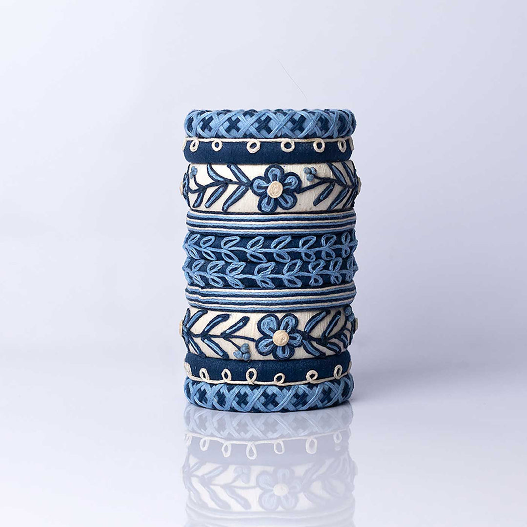 Blue And White Handcrafted Asoniya Embroidered Bangles | Set of 10
