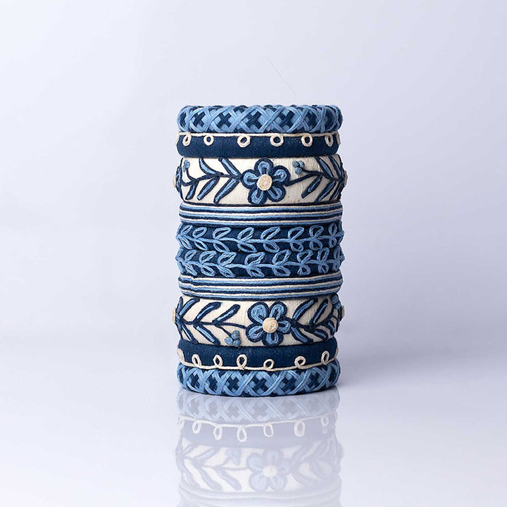 Blue And White Handcrafted Asoniya Embroidered Bangles | Set of 10