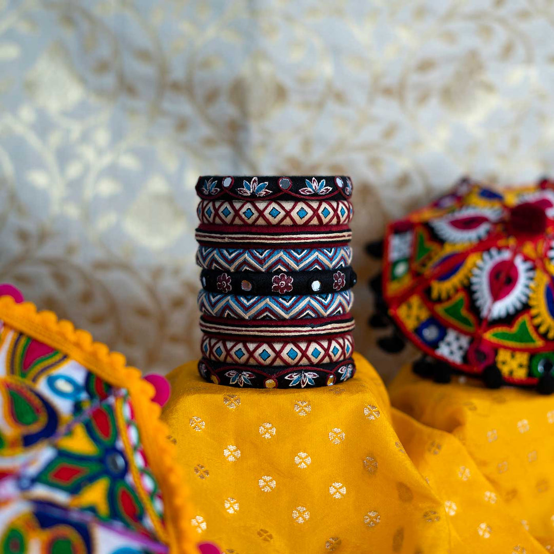 Multicolor Handpainted Kausika Embroidered Bangles | Set of 9
