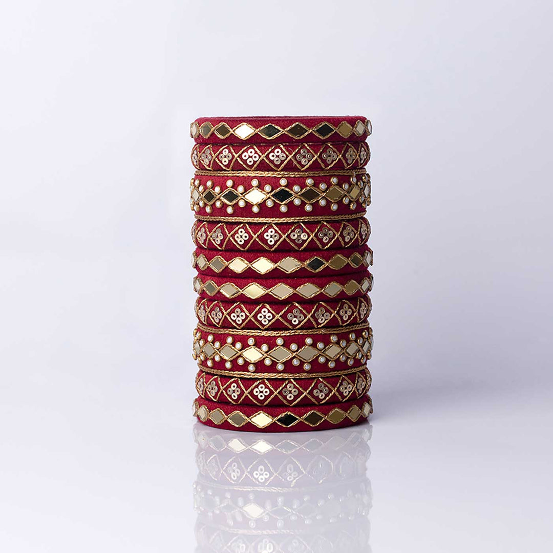 Red Handcrafted Parineeta Mirror Work Bangles | Set of 10