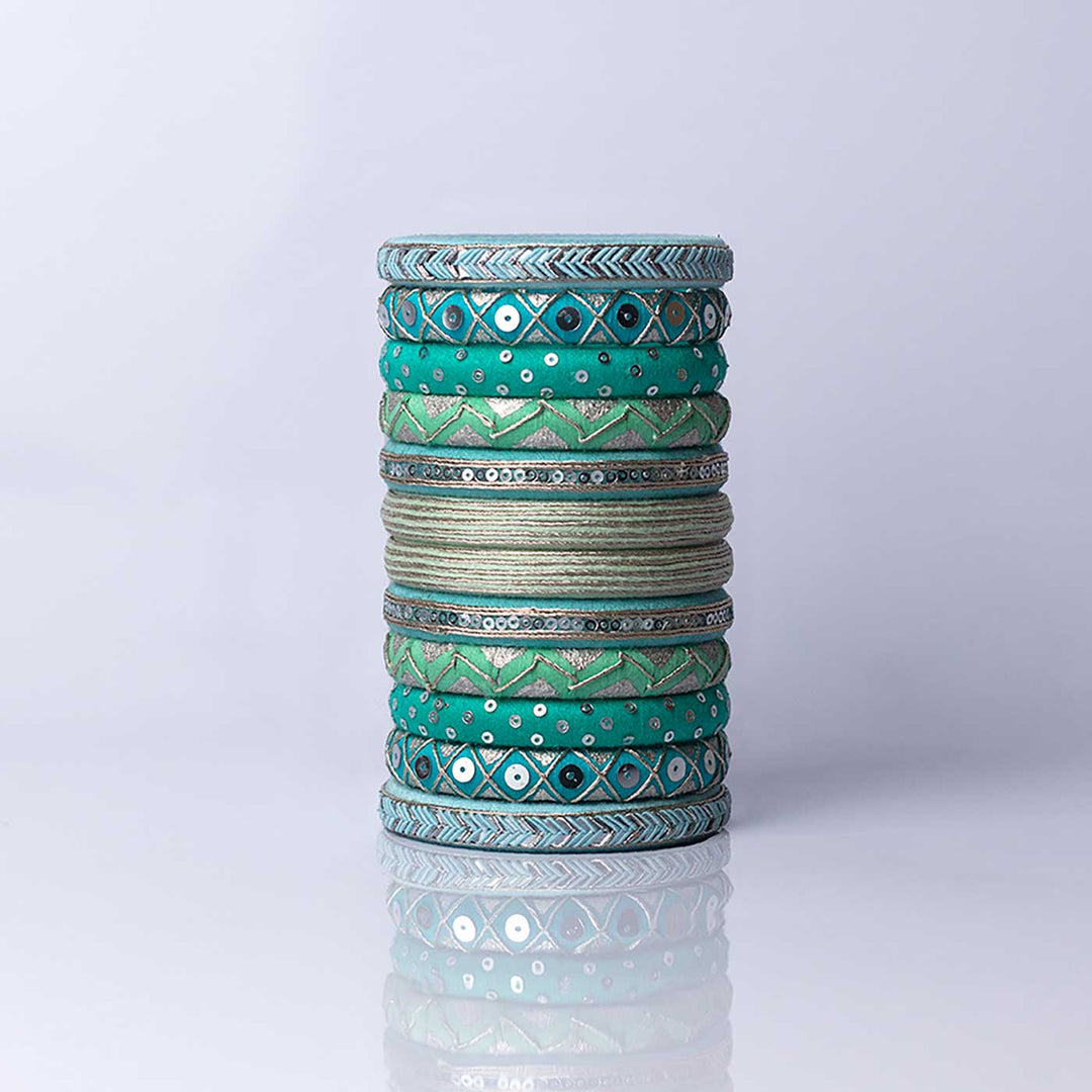 Turquoise Handcrafted Reva Sequined Bangles | Set of 12