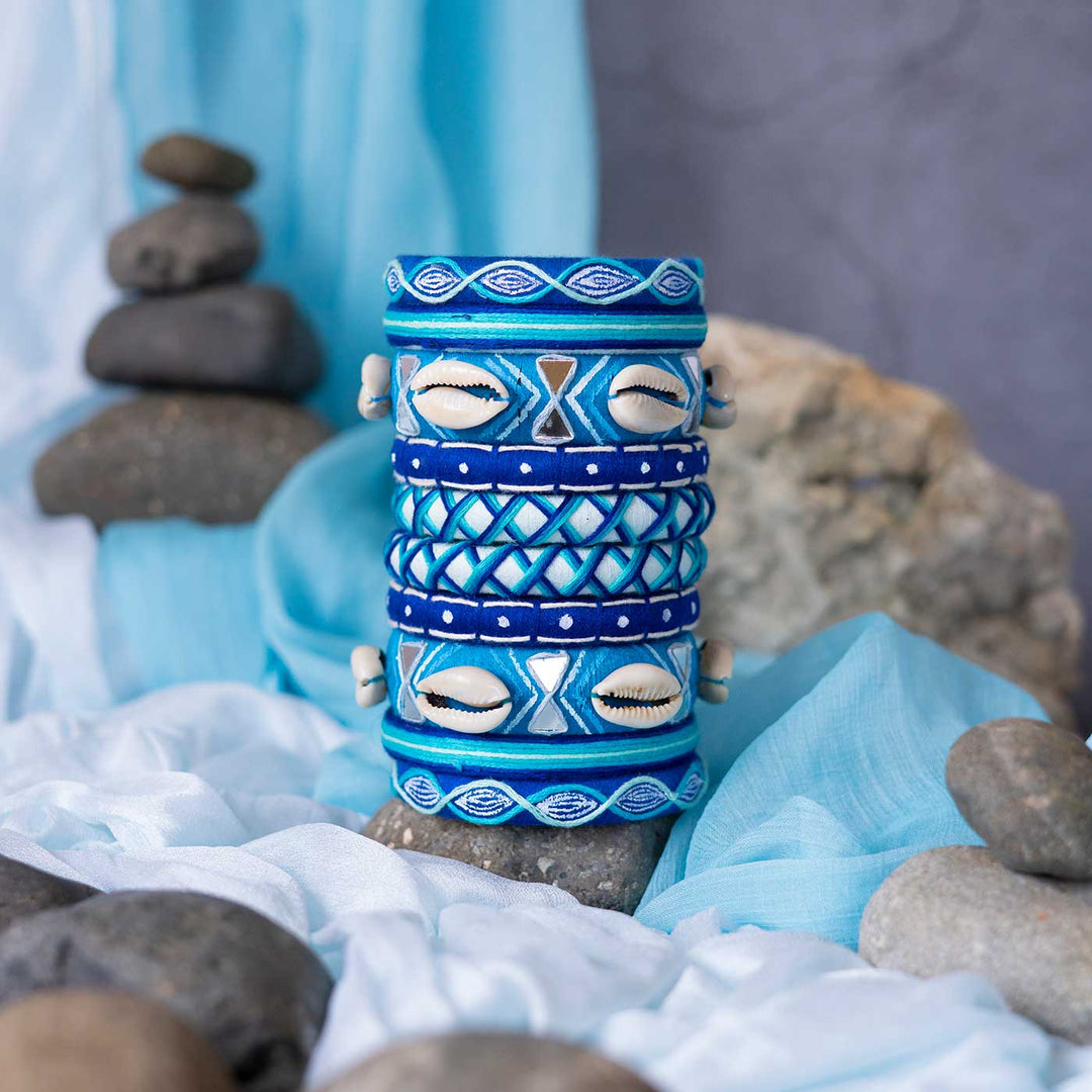 Blue And White Handcrafted Sindhu Shell Embroidered Bangles | Set of 10