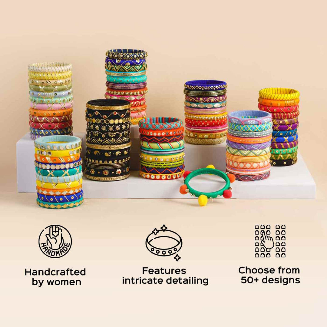Multicolor Handpainted Kausika Embroidered Bangles | Set of 9