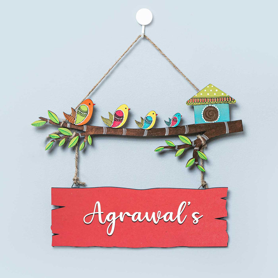 Customized Hand Painted Sparrow Plank Style Name Plate - Hanging Front View on Nail