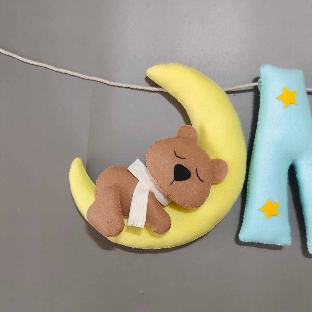 Hand Stitched Teddy Themed Round Felt Kids Name Plate For Kids - Hanging Nursery Decoration Close-up