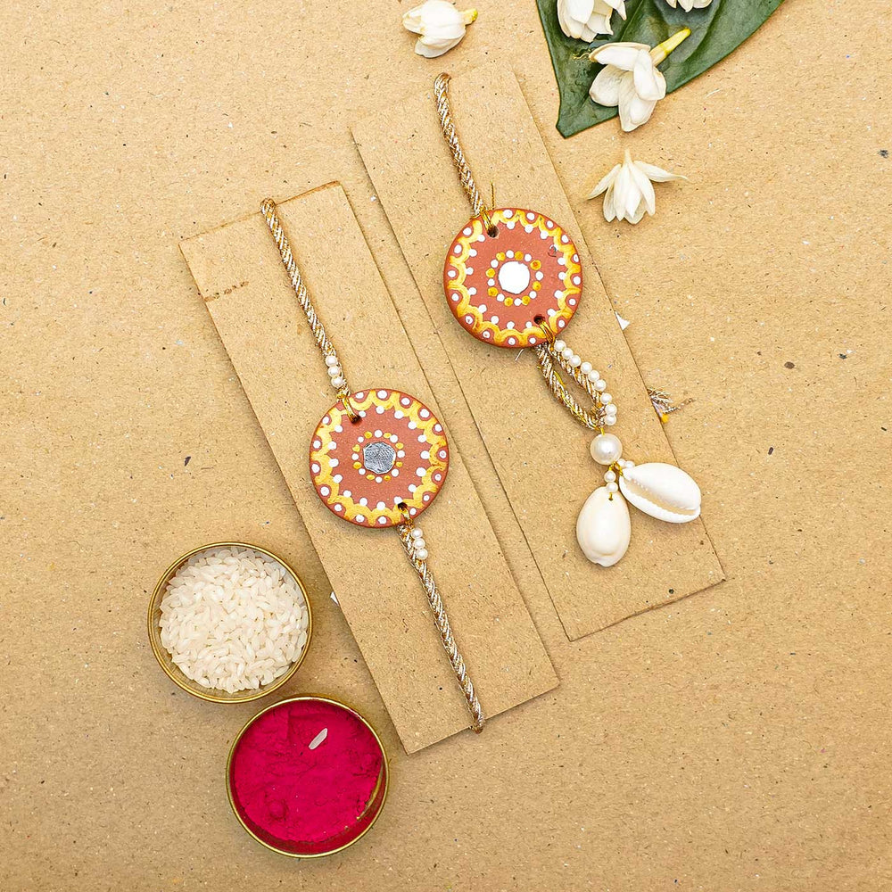 Terracotta Mandala Design Rakhi With Roli Chawal - Set on Cardboard with Accessories