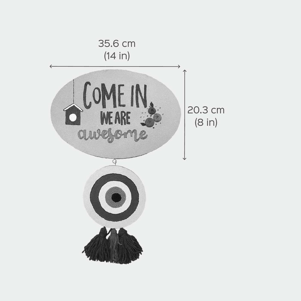 Hand Embroidered Welcome Home Evil Eye Name Plate - Dimension Chart with Front View