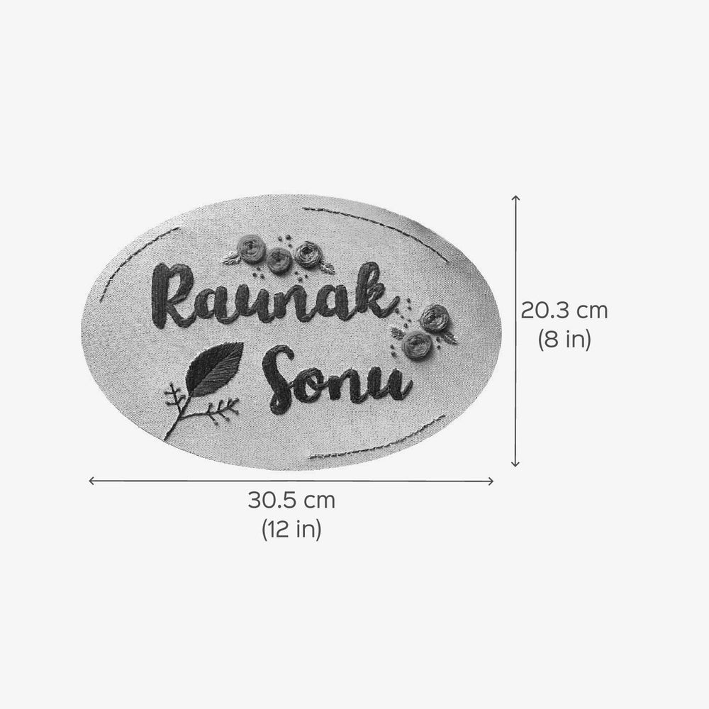 Hand Embroidered Canvas Oval Floral Name Plate - Dimension Chart Showing Measurements