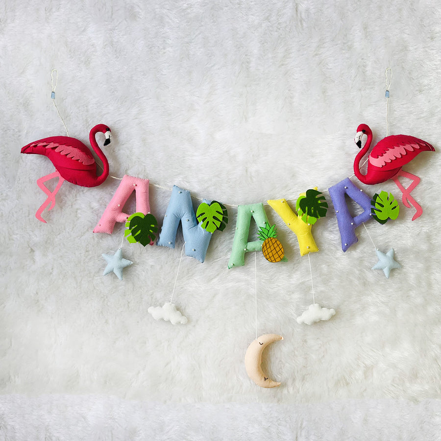 Handcrafted Personalized Flamingo Themed Bunting For Kids - Hanging Name Banner Front View