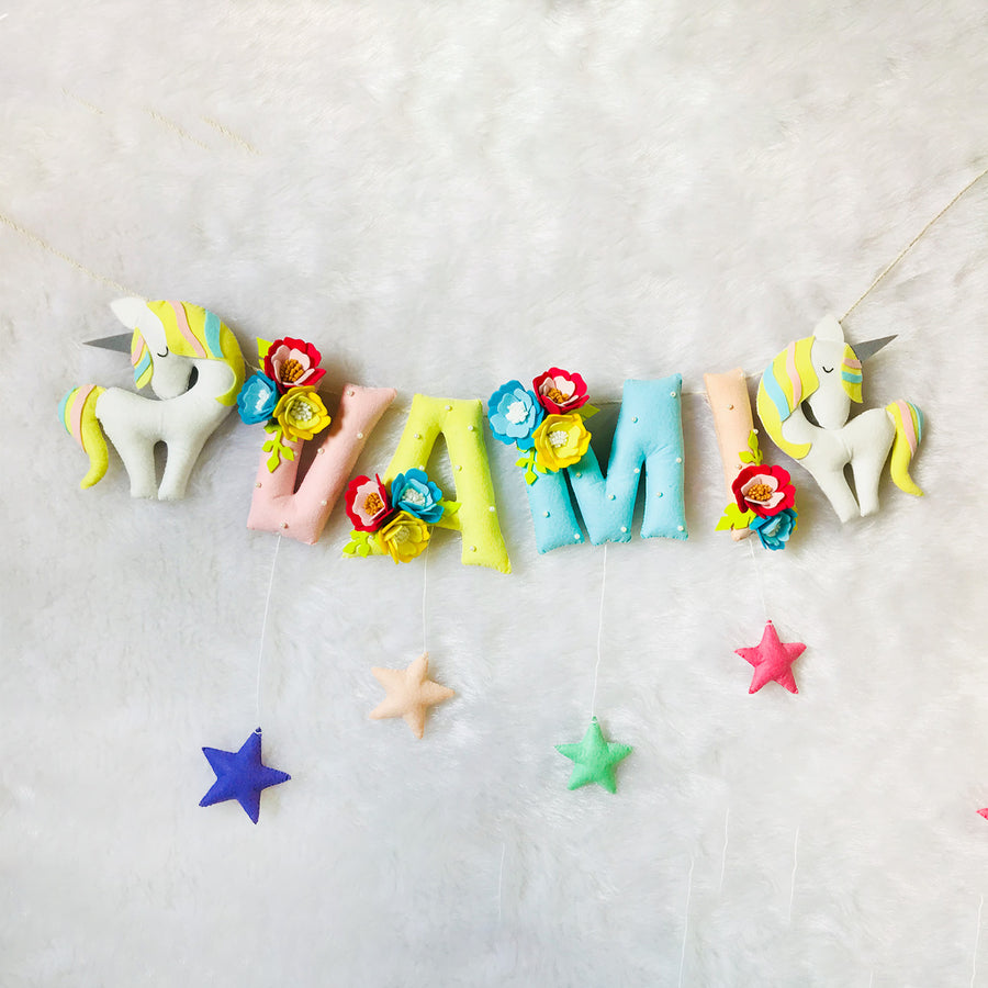 Handcrafted Personalized Floral Unicorn Themed Bunting For Kids - Front View Hanging Wall Decoration